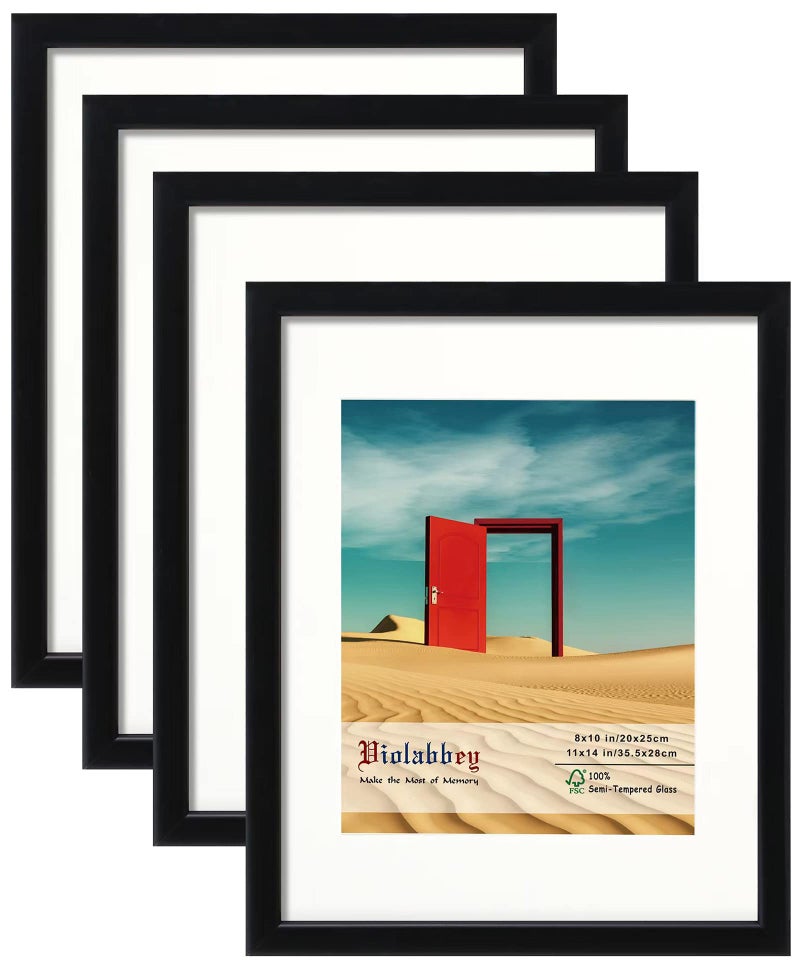 VIOLABBEY 11x14 Picture Frames Black Set of 4, Fits 8x10 Pictures with Mat or 11x14 Photos without Mat, Photo Frame with Real Glass, Vertical or Horizontal for Wall and Tabletop Display - Image 1